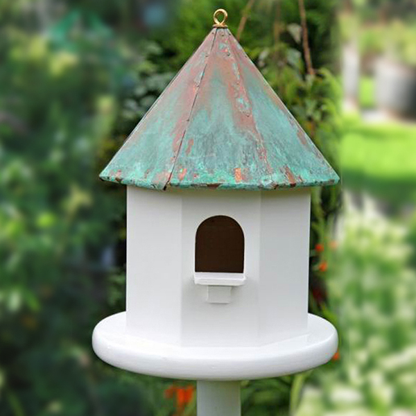 Wooden Birdhouse with pole, with genuine copper roof in patina roof